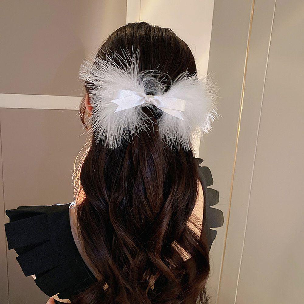 Kẹp Tóc Hình Nơ Đính Lông Vũ Phong Cách Vintage Thanh Lịch Cho Nữ