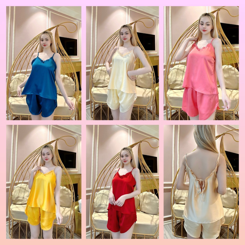 bộ pijama lụa đùi đồ ngủ nữ sexy gợi cảm 2 dây hở lưng chất satin - cn63
