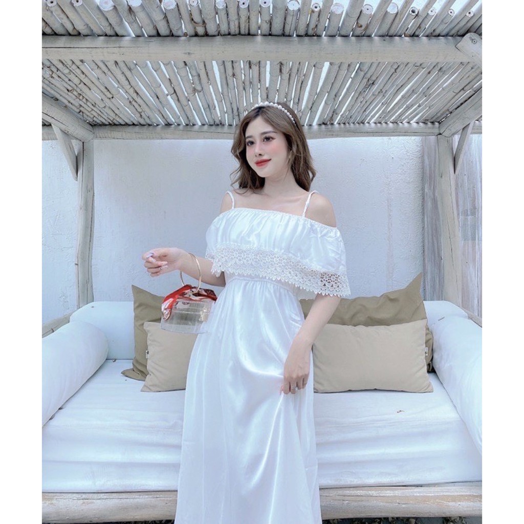 Đầm maxi trắng 2 dây đi biển thiết kế dáng dài trễ vai phối ren quyến rũ thời trang XUKA-DRESS MT101 chất lụa cao cấp | BigBuy360 - bigbuy360.vn