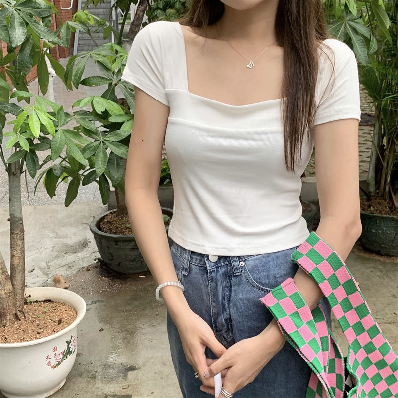 Áo thun BH tay ngắn cổ vuông dáng ôm thời trang mùa hè