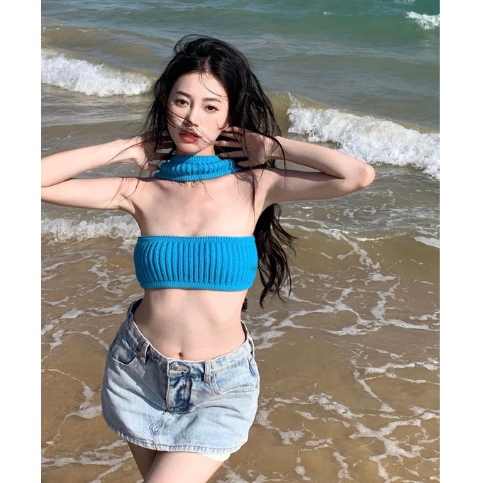 QADCOL  Áo Dệt Kim Không Tay Hở Lưng Ôm Dáng Thời Trang Cho Nữ