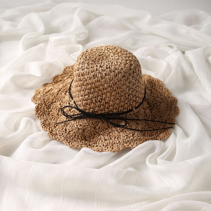 Mũ cói đi biển mềm nón đi biển nữ rộng vành nơ đen gấp gọn nàng thơ phong cách Hàn Quốc