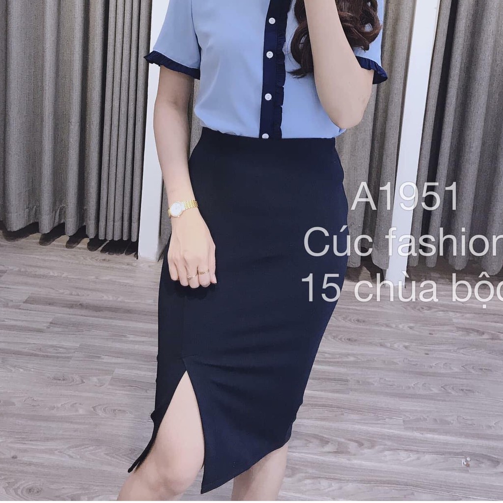 CHÂN VÁY BÚT CHÌ XẺ TRƯỚC có khóa séc kéo DÁNG  dài 60cm