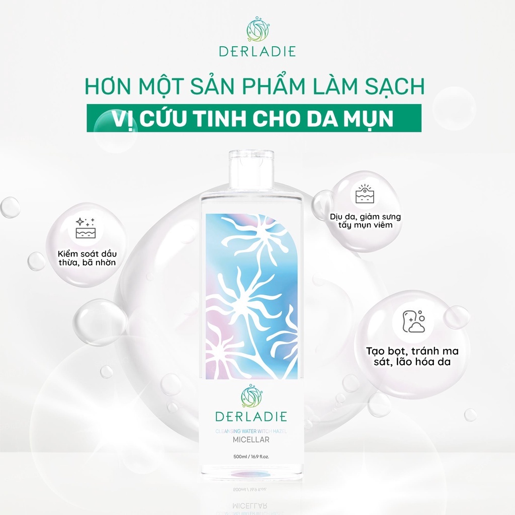 Mini size Nước Tẩy Trang Làm Sạch Sâu Cho Da Mụn Derladie Cleansing Water Witch Hazel 30ml