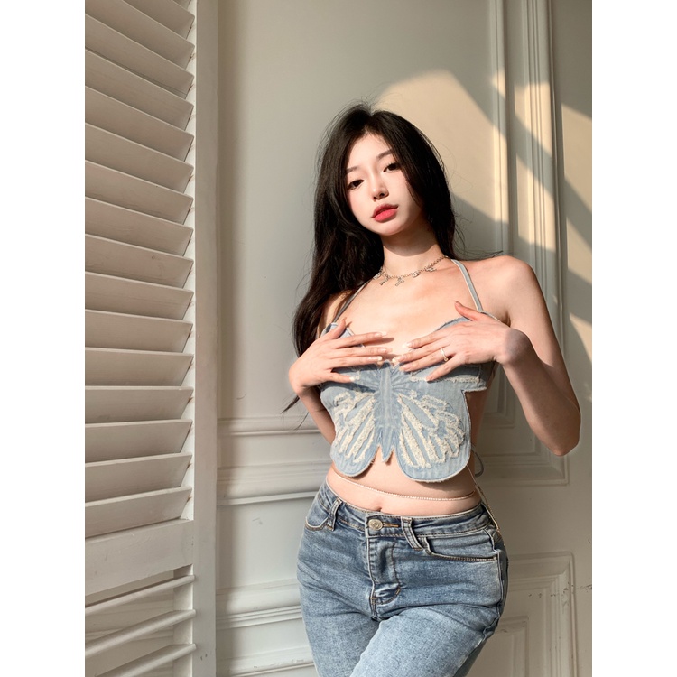 Áo Ống Hai Dây Dáng Ôm Hình Bướm Phong Cách Hàn Quốc Cổ Điển Thời Trang Quyến Rũ Cho Nữ