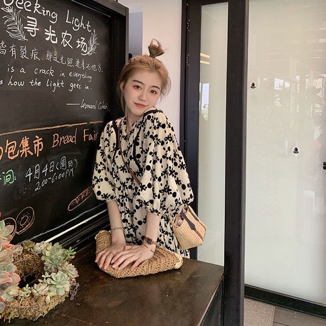 Đầm Tay Phồng Dài Cổ Chữ v In Họa Tiết Thời Trang Cho Nữ