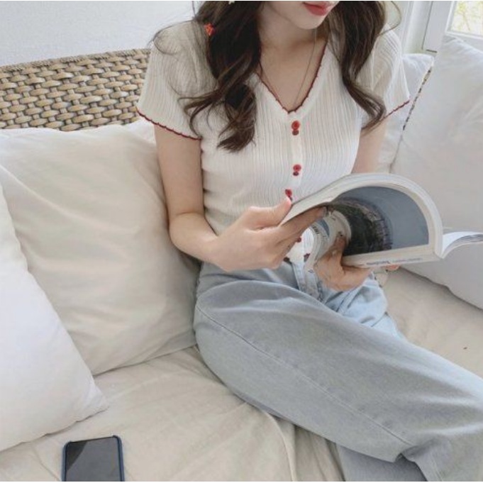 Áo Thun Dệt Kim Tay Ngắn Eo Cao Thời Trang Mùa Hè Cho Nữ