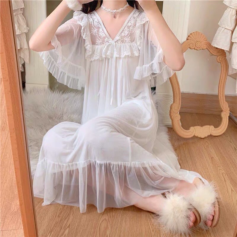 ĐẦM NGỦ PHỐI REN TRẮNG TINH KHÔI ULZZANG 2374