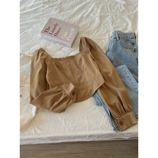 Áo cổ vuông croptop tay dài vintage (Ảnh thật)