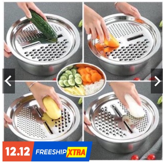 Bộ 3 inox bào sợi-nạo củ đa năng kèm rổ châu inox quá hót