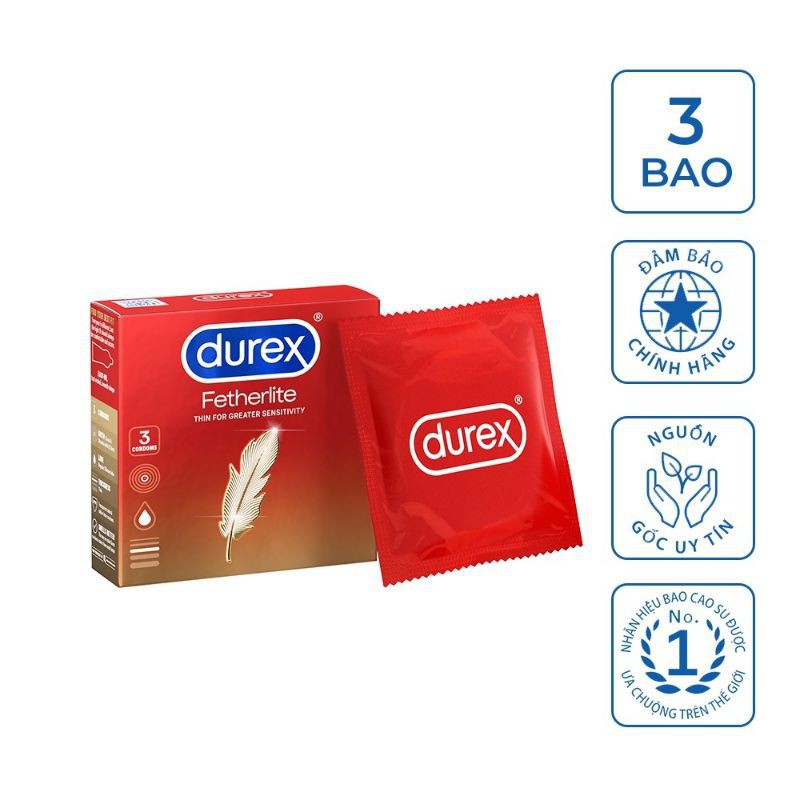 [Che Tên Sản Phẩm] Bao cao su Durex Fetherlite Siêu Mỏng, Cảm Giác Chân Thật, Tự Nhiên, Tăng Cường Hưng Phấn, Hộp 03bao