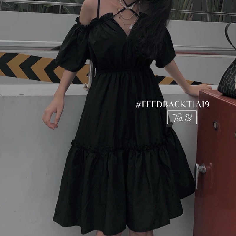 Váy hai dây đen tay trễ . Đầm hai dây trễ vai ulzzang ( Ảnh thật Tia19 chụp) | BigBuy360 - bigbuy360.vn