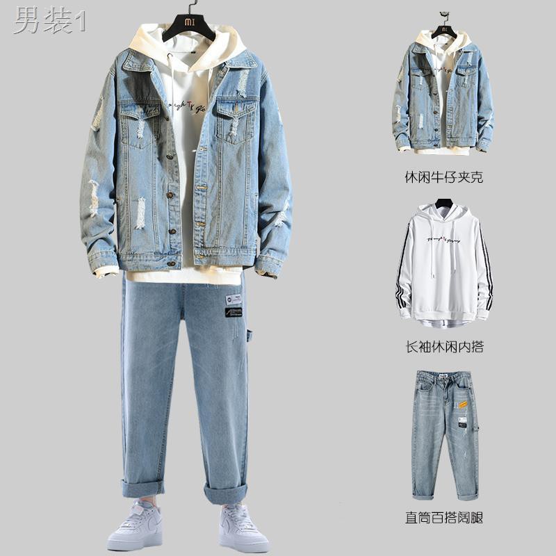 ஐBộ đồ denim nam mùa xuân mới xu hướng học sinh đẹp trai Hàn Quốc áo khoác giản dị một quần xếp nếp <