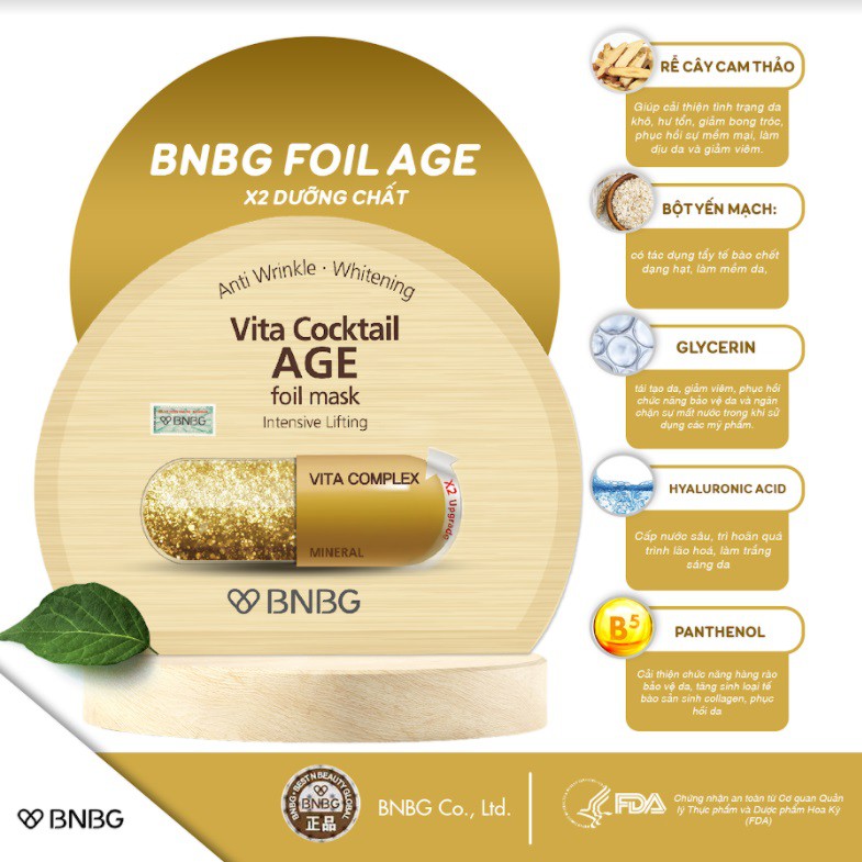 Combo 10 mặt nạ chống lão hóa, giảm nếp nhăn BNBG Vita Cocktail Age Foil Mask 30mlx10