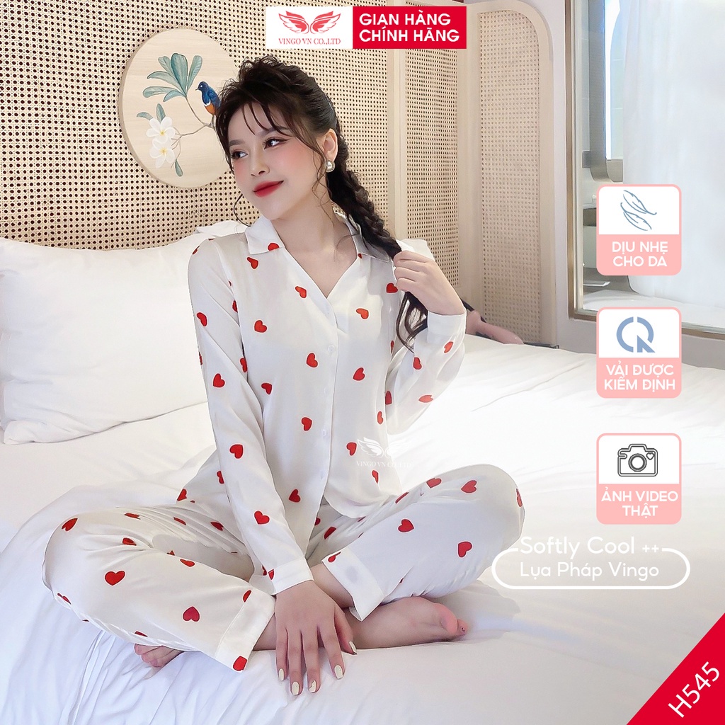 Đồ bộ nữ Pijama mặc nhà Lụa cao cấp mùa hè VINGO tay dài quần dài tim đỏ nền trắng dễ thương H545 VNGO