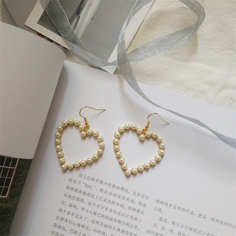 【COD】Bông tai hình trái tim đính ngọc trai nhân tạo thời trang