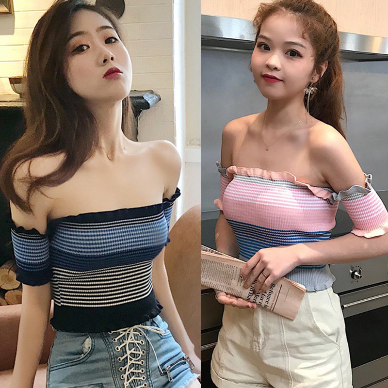 Áo Croptop dệt kim ngắn tay trễ vai sọc ngang quyến rũ