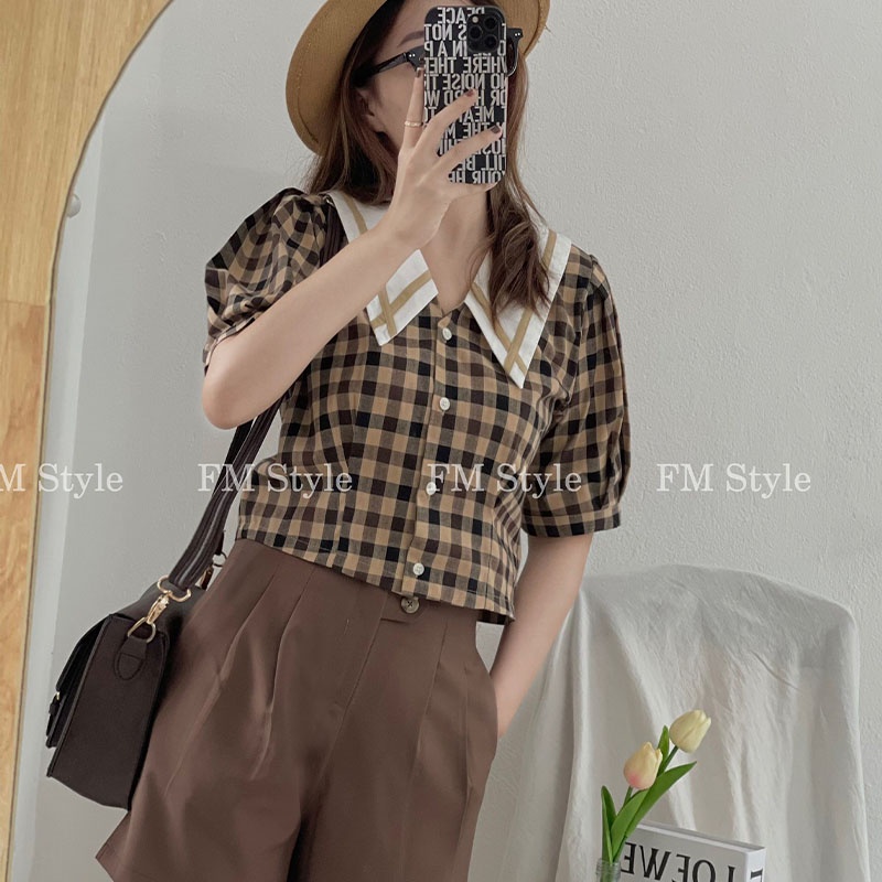 Áo kiểu FM Style họa tiết caro phối cổ nhọn viền phù hợp mùa hè, dễ phối đồ  210813310