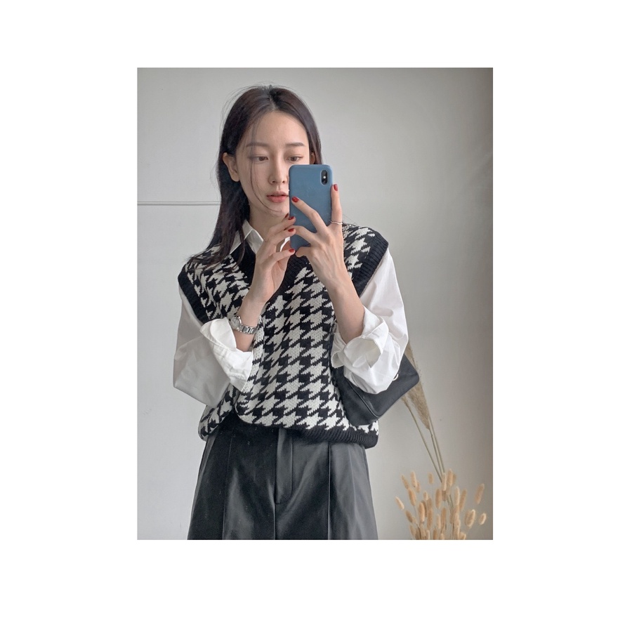 DUNEA Áo Len Không Tay Cổ Chữ V Họa Tiết Houndstooth Quyến Rũ Thời Trang Dành Cho Nữ