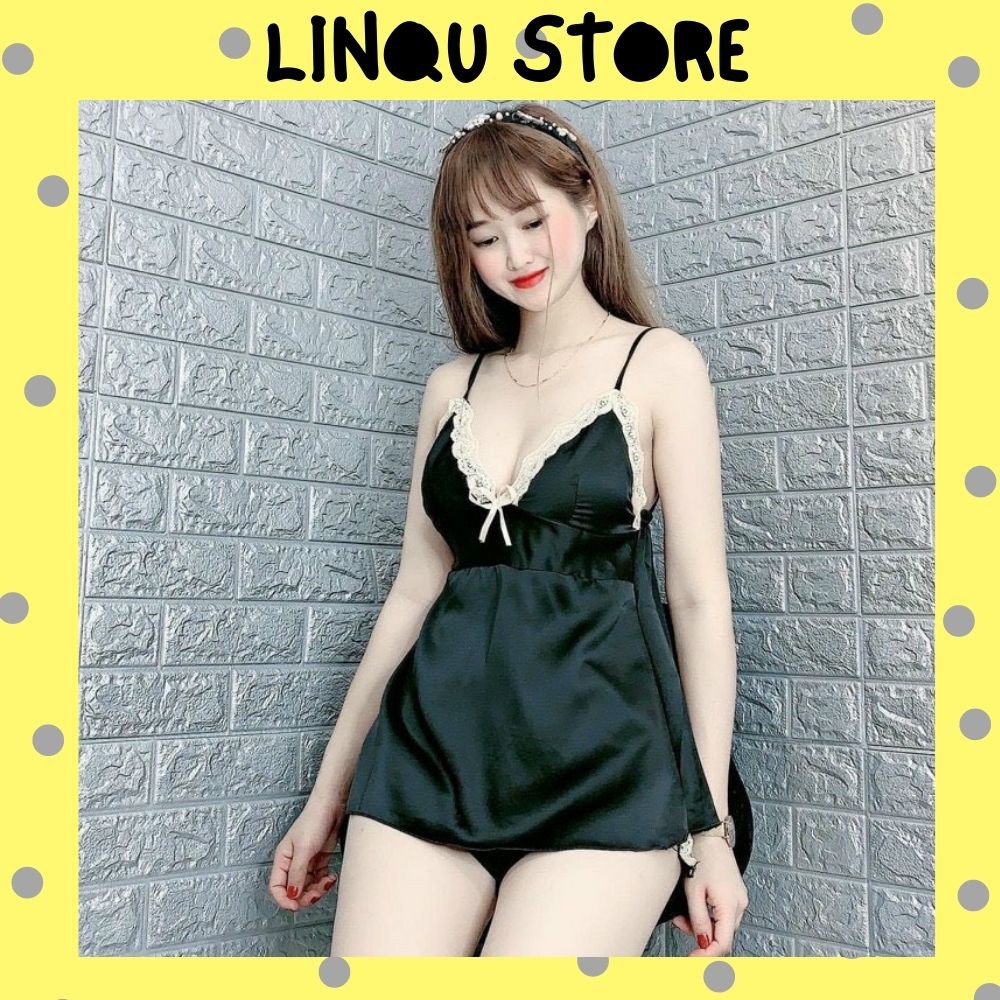 Đồ ngủ 2 dây sexy ,Đồ ngủ sexy lụa satin phối ren mềm mặc ngủ mát mẻ Freesize dưới 55kg - Linqu Sleepwear