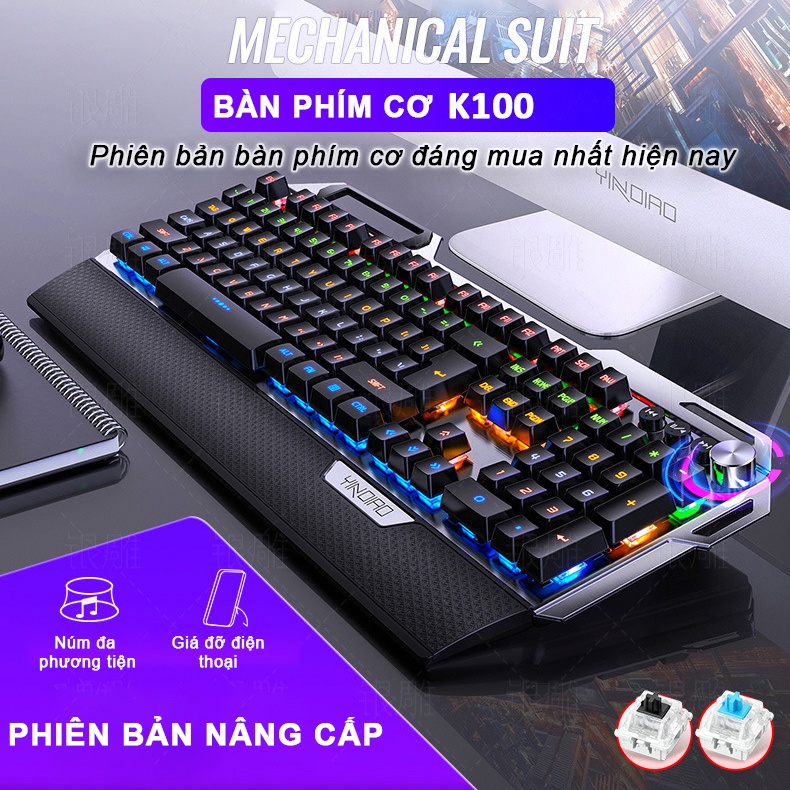 Bàn phím cơ YINDIAO K100 phiên bản gaming 104 phím full size cấu trúc blue swtich có LED kê tay chống mỏi - Chính hãng