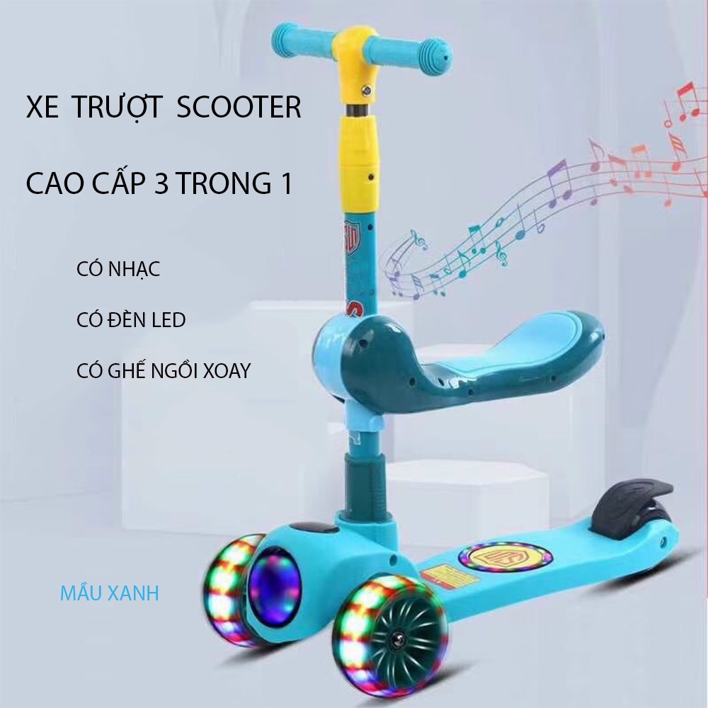 Xe Trượt, Xe tròi chân Scooter có nhạc có đèn led 3 Trong 1, Bánh Phát Sáng Cho Bé Từ 3 - 8 Tuổi Tải Trọng Lên Đến 100kg