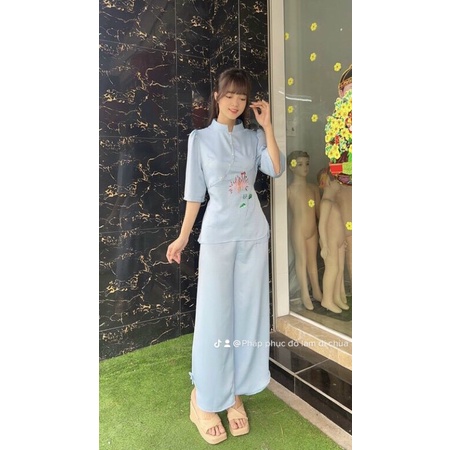 Đồ lam đi chùa mẫu bông lụa