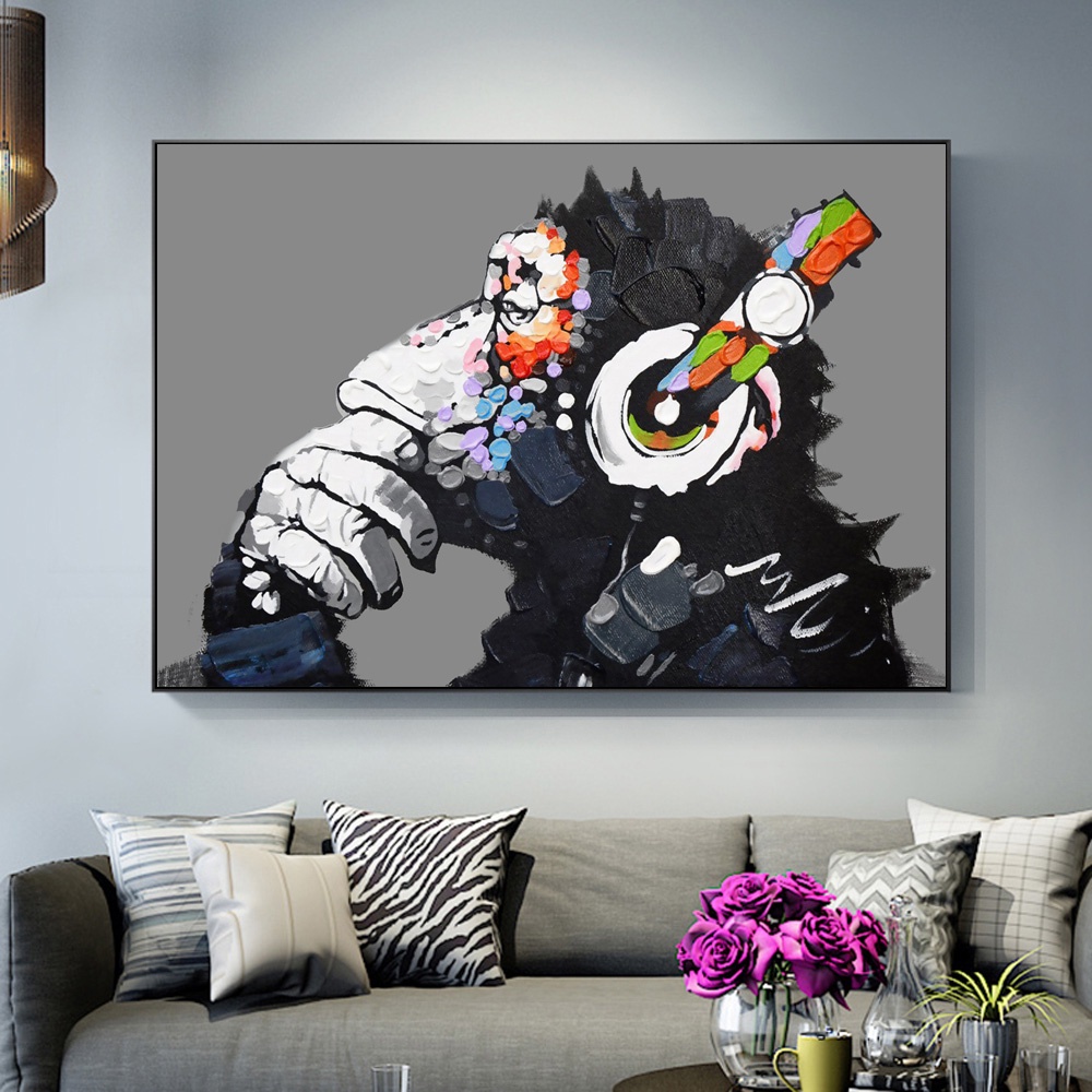 Tranh Sơn Dầu Treo Tường Trang Trí Hình Khỉ Và Voi