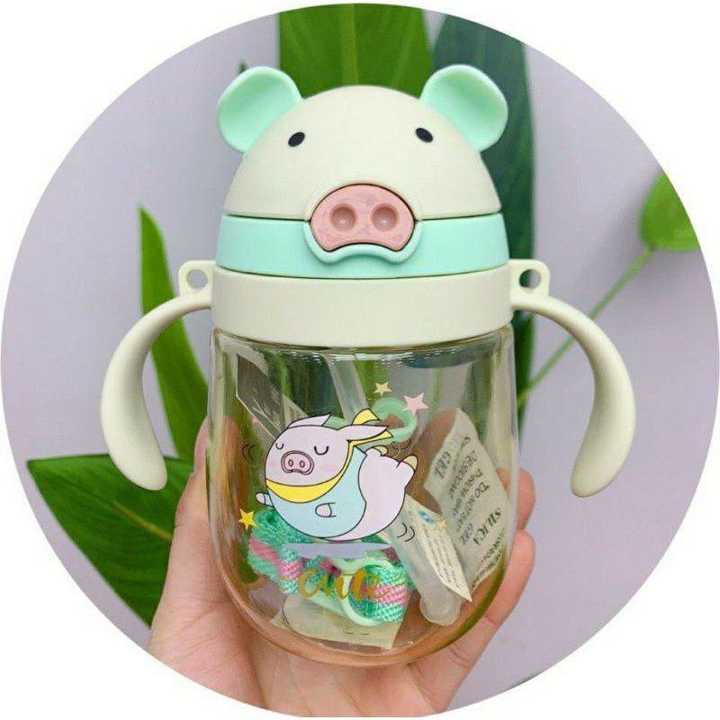 Bình tập uống  cho bé có văn chống sặc,ống Silicon và dây đeo., họa tiết hình chú heo.