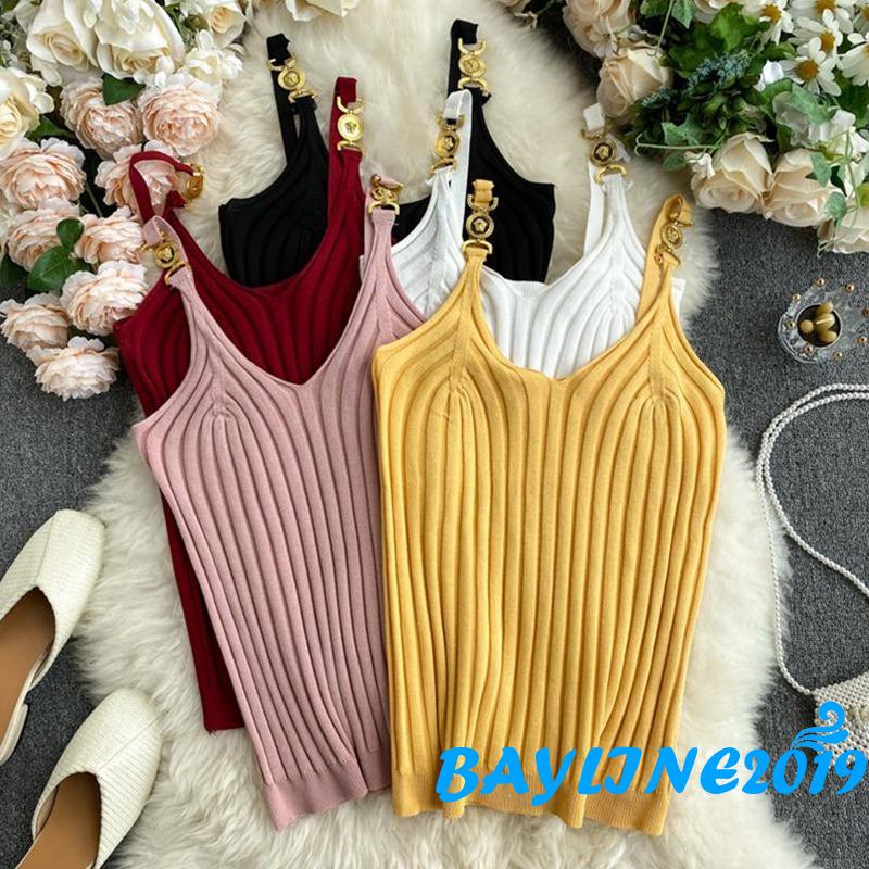 Bay-Women´s Tank Tops Rib Knit V-Neck Metal Chain Sling Design Slim Fit Breathable Versatile Streetwear Tops