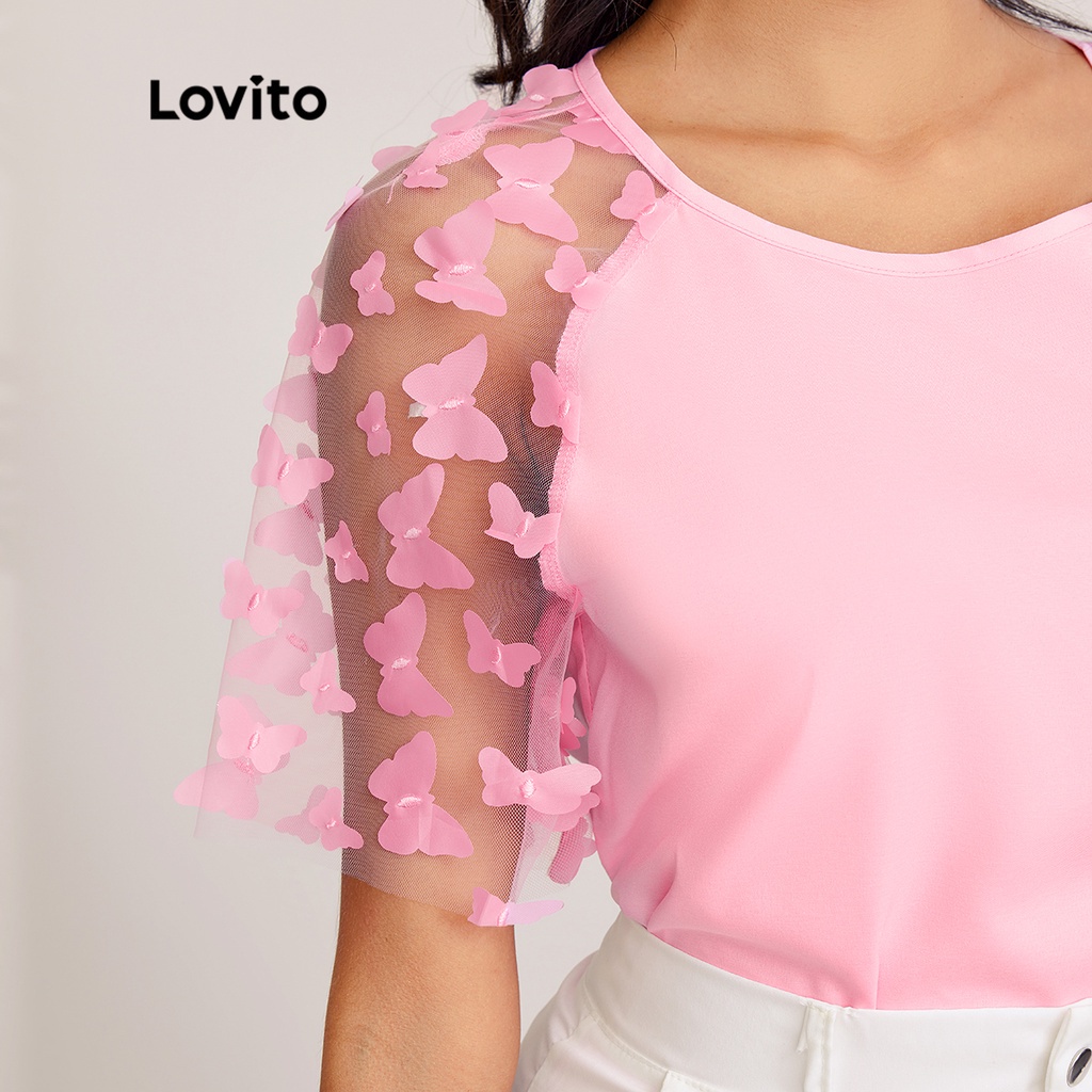 Áo sơ mi Lovito lưới tương phản đính bươm bướm màu trơn phong cách lãng mạn L27LD146 (màu hồng)