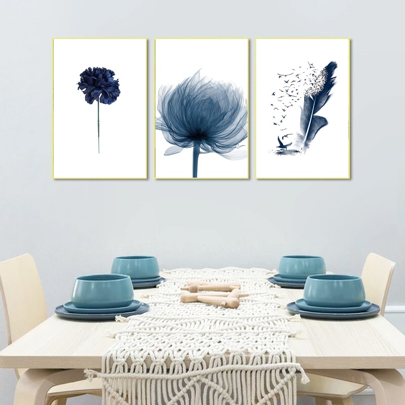 Tranh canvas treo tường hình hoa lá xanh dương / botanical phong cách Bắc Âu tối giản