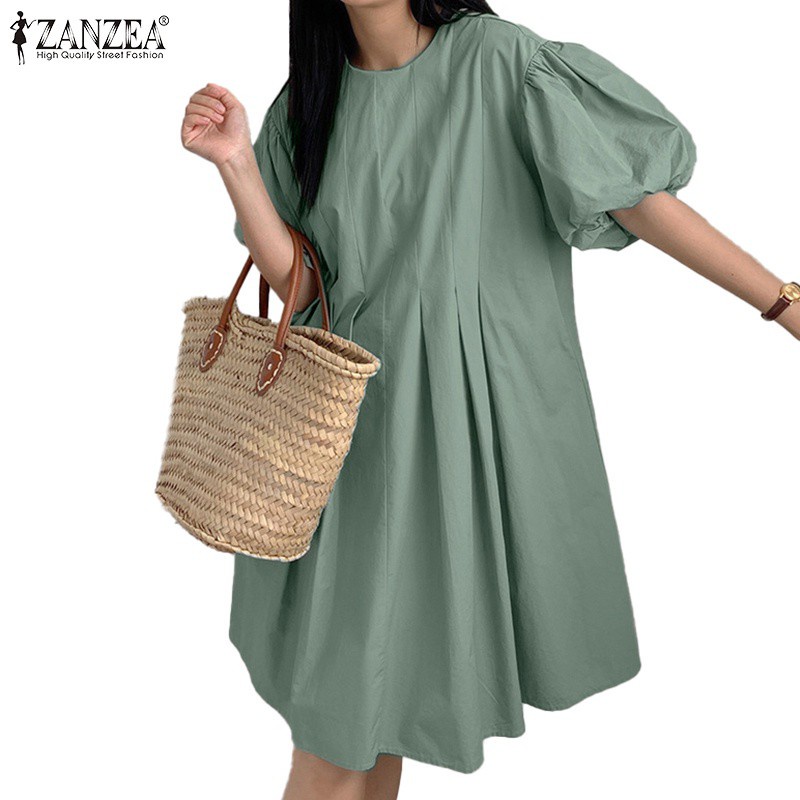 Đầm mini ZANZEA dáng rộng xếp li cổ tròn tay phồng màu trơn phối nút sau lưng thời trang đơn giản cho nữ