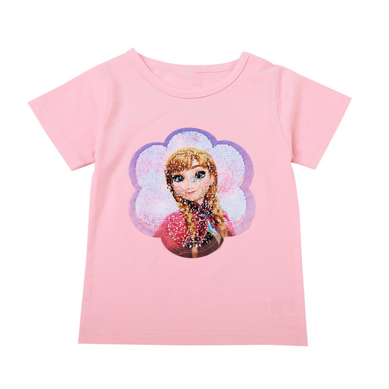 Áo thun tay ngắn họa tiết hoạt hình đính kim tuyến lấp lánh dễ thương cho bé gái