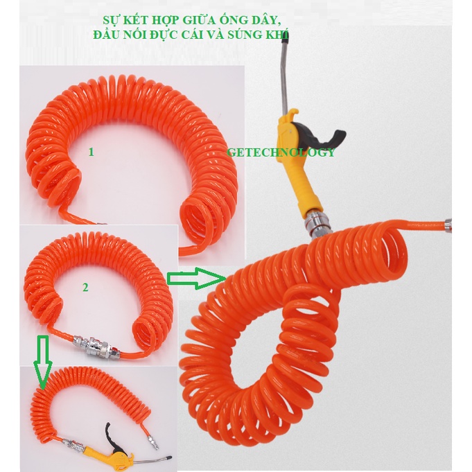 Ống Dây khí xoắn PU-ống dây xoắn khí nén PU 8x5mm, 10x6.5mm, 12x8mm màu cam, ống dây xoắn PU