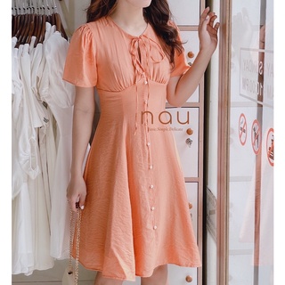 Đầm phối nút ngọc dáng xoè nhẹ cột nơ cổ