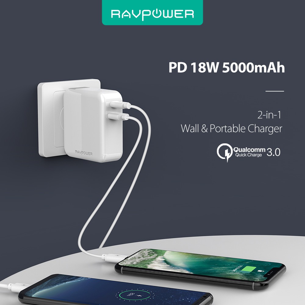 Pin sạc dự phòng KIÊM Củ sạc nhanh iPhone, iPad RAVPOWER RP-PB101 5000mAh PD 3.0 18W &amp; QC 3.0 18W