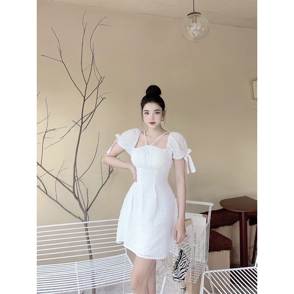 ĐẦM REN TAY CỘT NƠ DÂY CHÉO CỔ