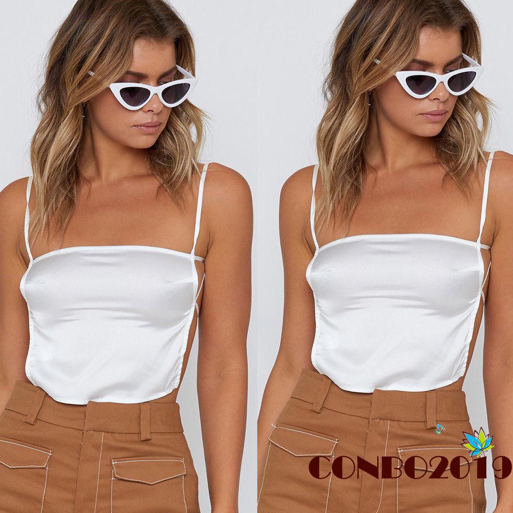 Áo Croptop Hai Dây Bằng Lụa Satin Màu Trơn Thời Trang Mùa Hè Quyến Rũ Dành Cho Nữ