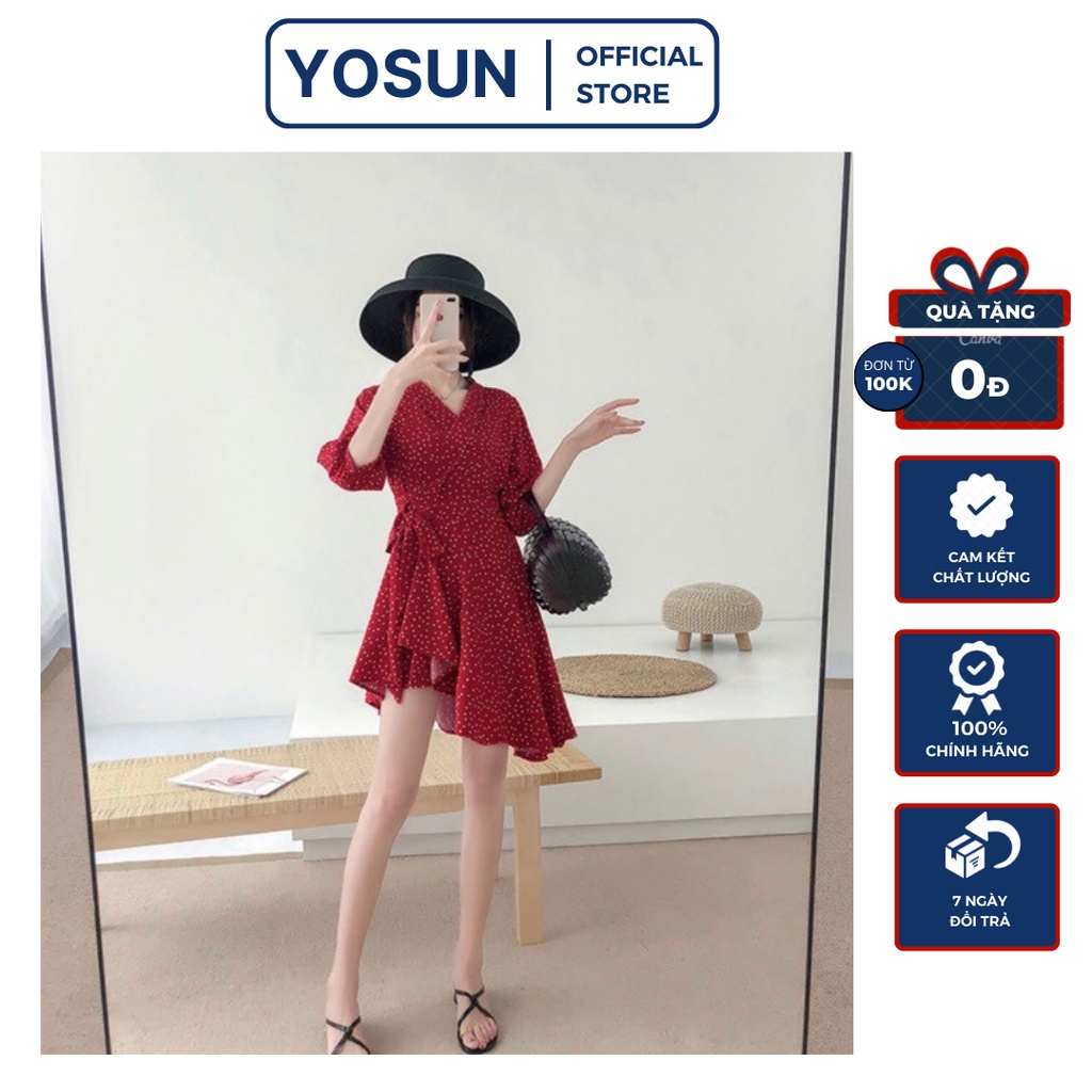 Đầm Đi Tiệc Cổ V Chéo Cột Nơ Sành Điệu, Đầm Dáng Ngắn Tay Lở Vạt Chéo Sang Chảnh Màu Đỏ Chấm Bi