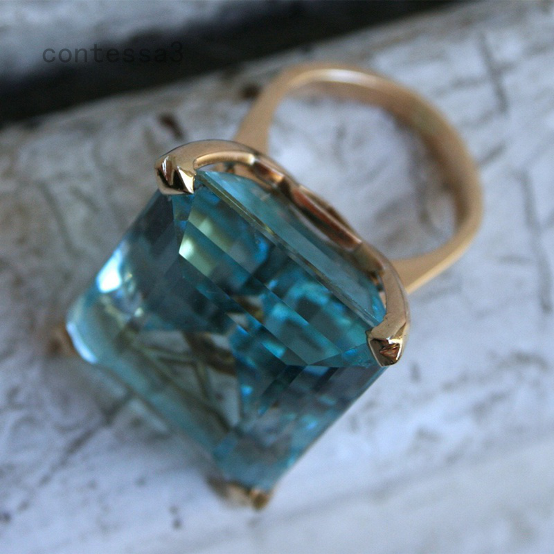 contessa3 Nhẫn Vàng 14k Đính Đá Xanh Biển Phong Cách Vintage