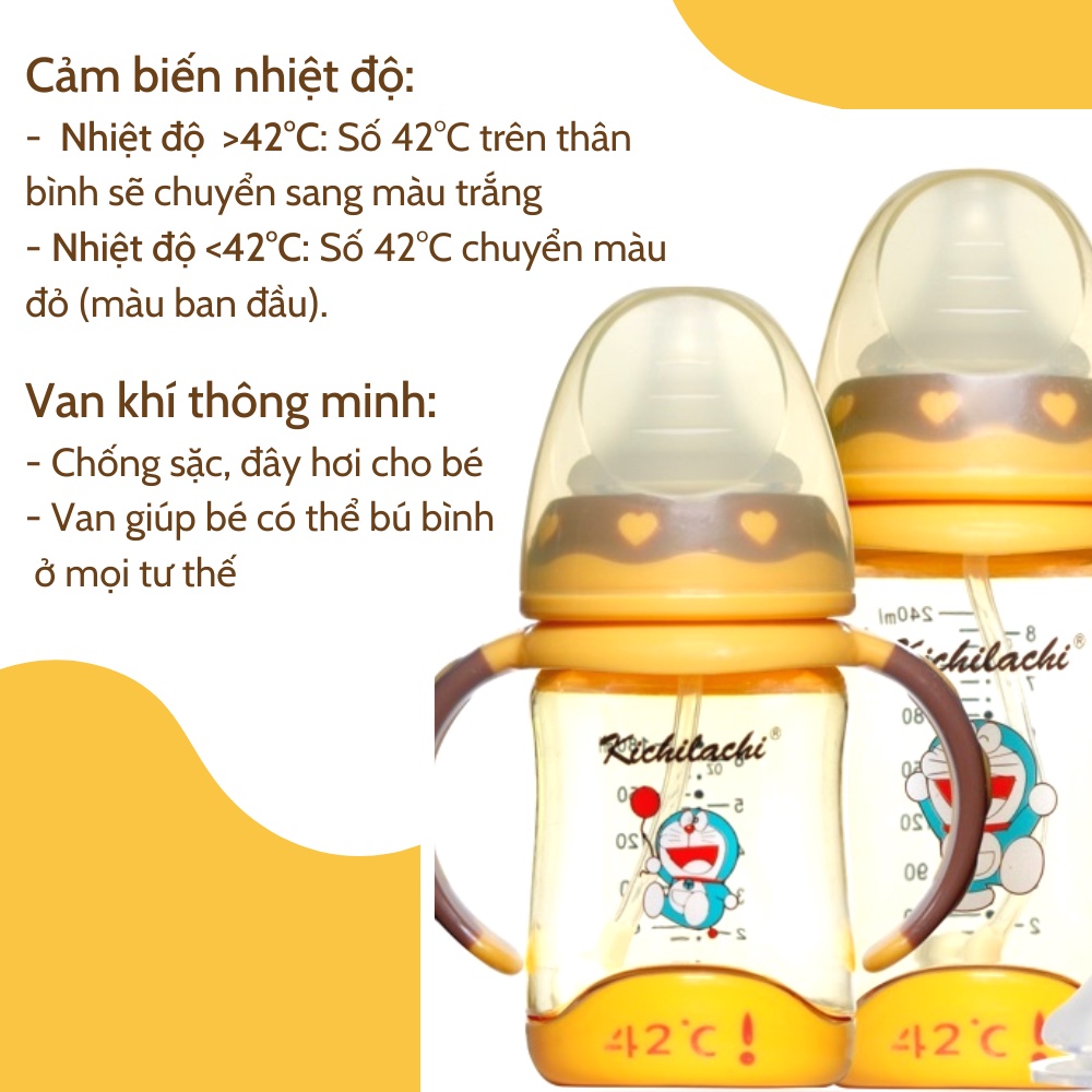Bình sữa báo nóng cổ rộng có quai cầm Kichilachi PPSU 180ml/240ml núm ty siêu mềm cho bé