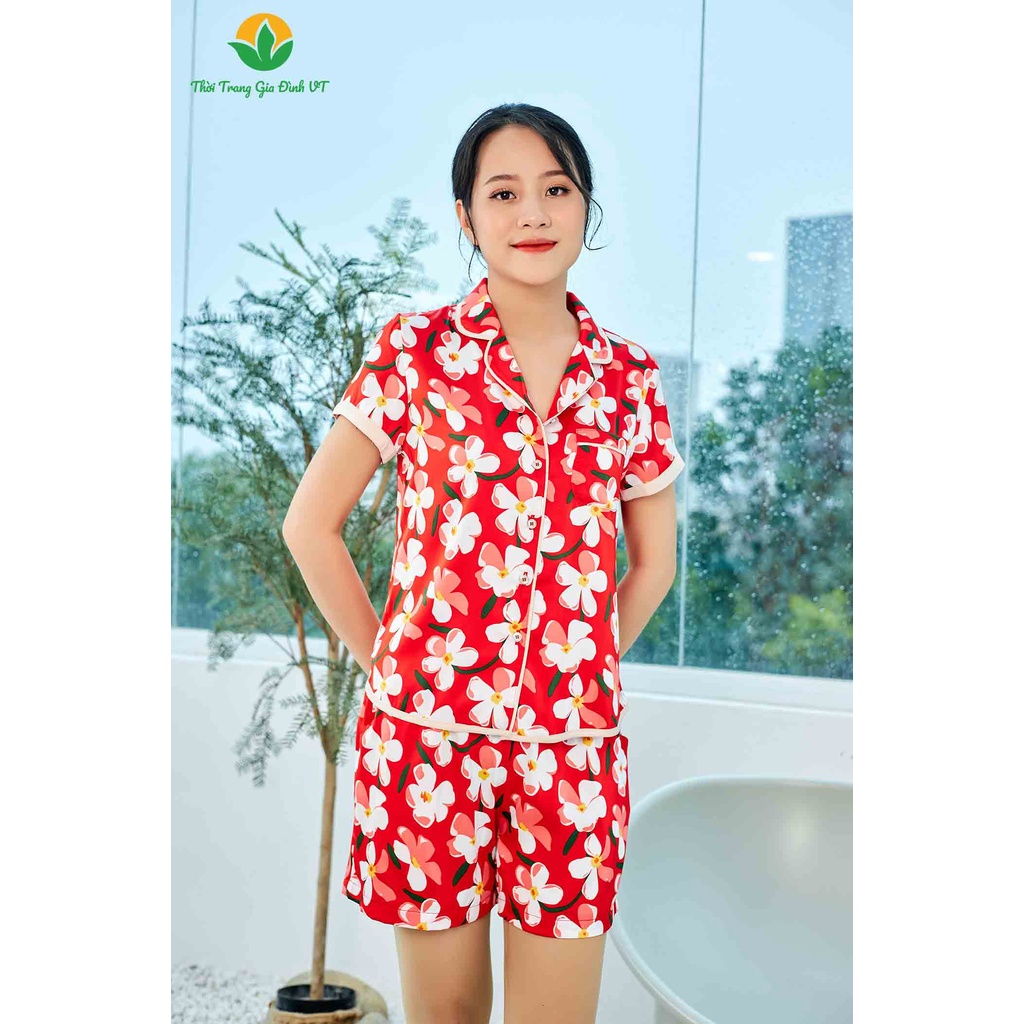 Bộ pijama lụa Việt Thắng nữ quần đùi áo cộc tay họa tiết trẻ trung - B43.2203