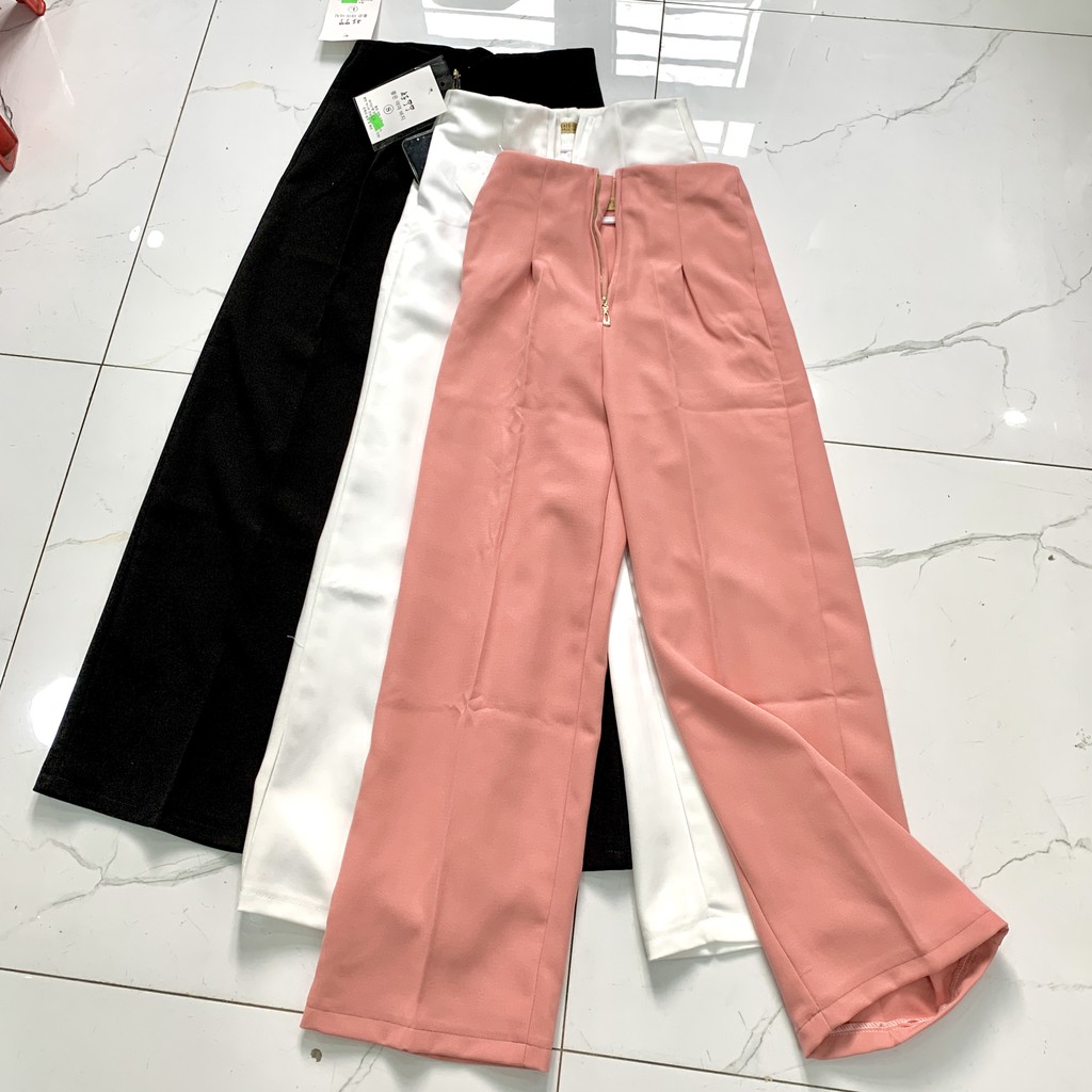 Quần vải ống rộng suông nữ dáng dài THUS, Culottes cạp cao khóa trước vải mềm đứng dáng Q2D19