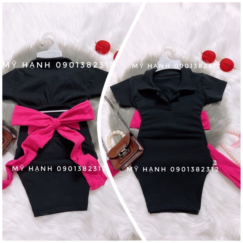 Đầm body đen nơ hồng cho bé