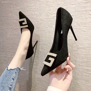 Giày cao gót da lộn màu đen mũi nhọn thời trang công sở 2021 cho nữ