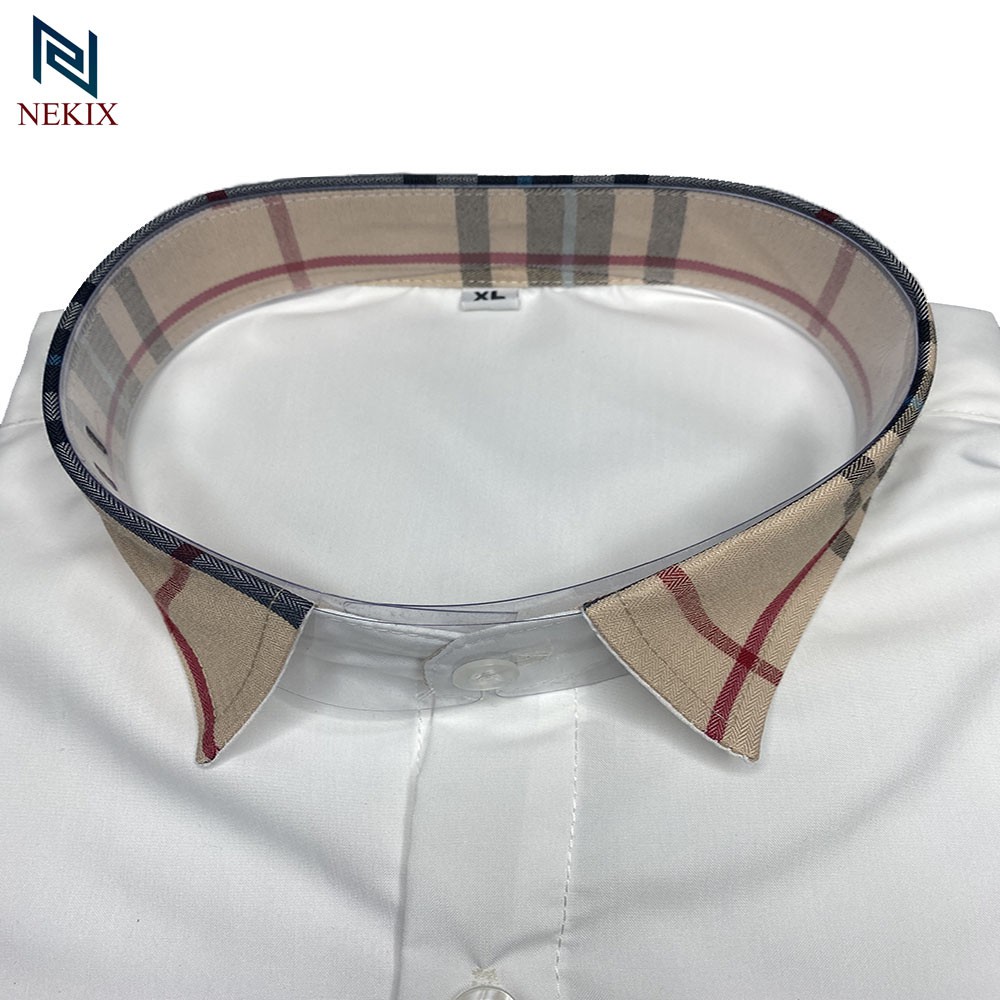 Áo Sơ Mi Nam Dài Tay Trắng Phối Kẻ Cổ Kẻ Tay Vải Lụa Trơn Form Body 1