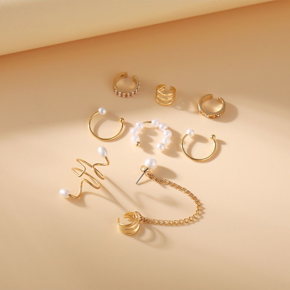 Set 7 khuyên kẹp vành tai đính ngọc trai giả tua rua thời trang Hàn Quốc cho nữ
