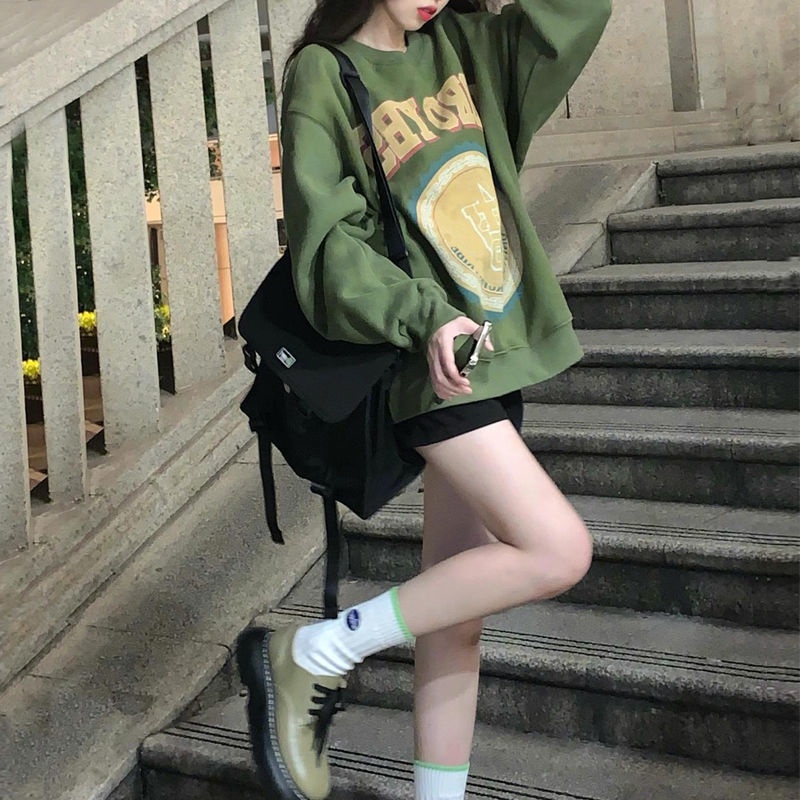 COZOK Áo tay dài cổ tròn phong cách vintage trẻ trung