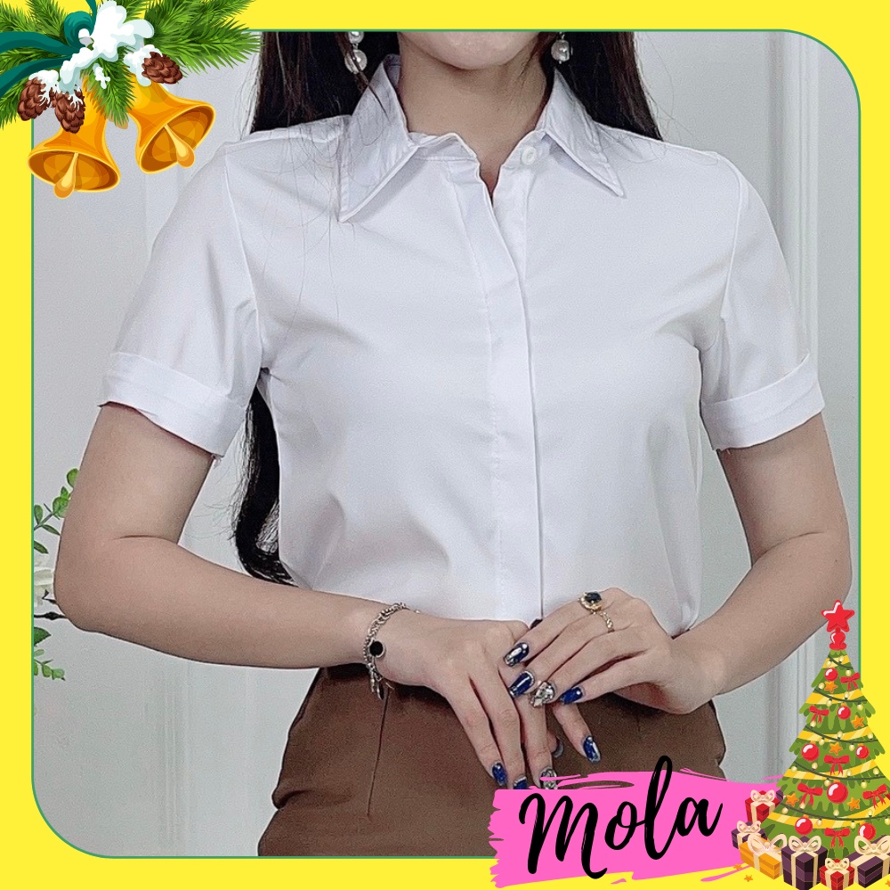 Áo Sơ Mi Trắng Nữ Học Sinh Kiểu Công Sở MOLA Màu Trắng Đen Kem From Rộng Tay Ngắn Hàn Quốc Chất Lụa Cao Cấp Không Nhăn | BigBuy360 - bigbuy360.vn